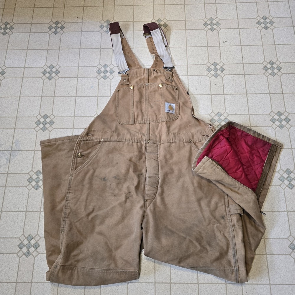 Vtg Carhartt Duck Bib RED Quilt Lined Overalls 6FBQZ Brown 40x30 Double Knee Men